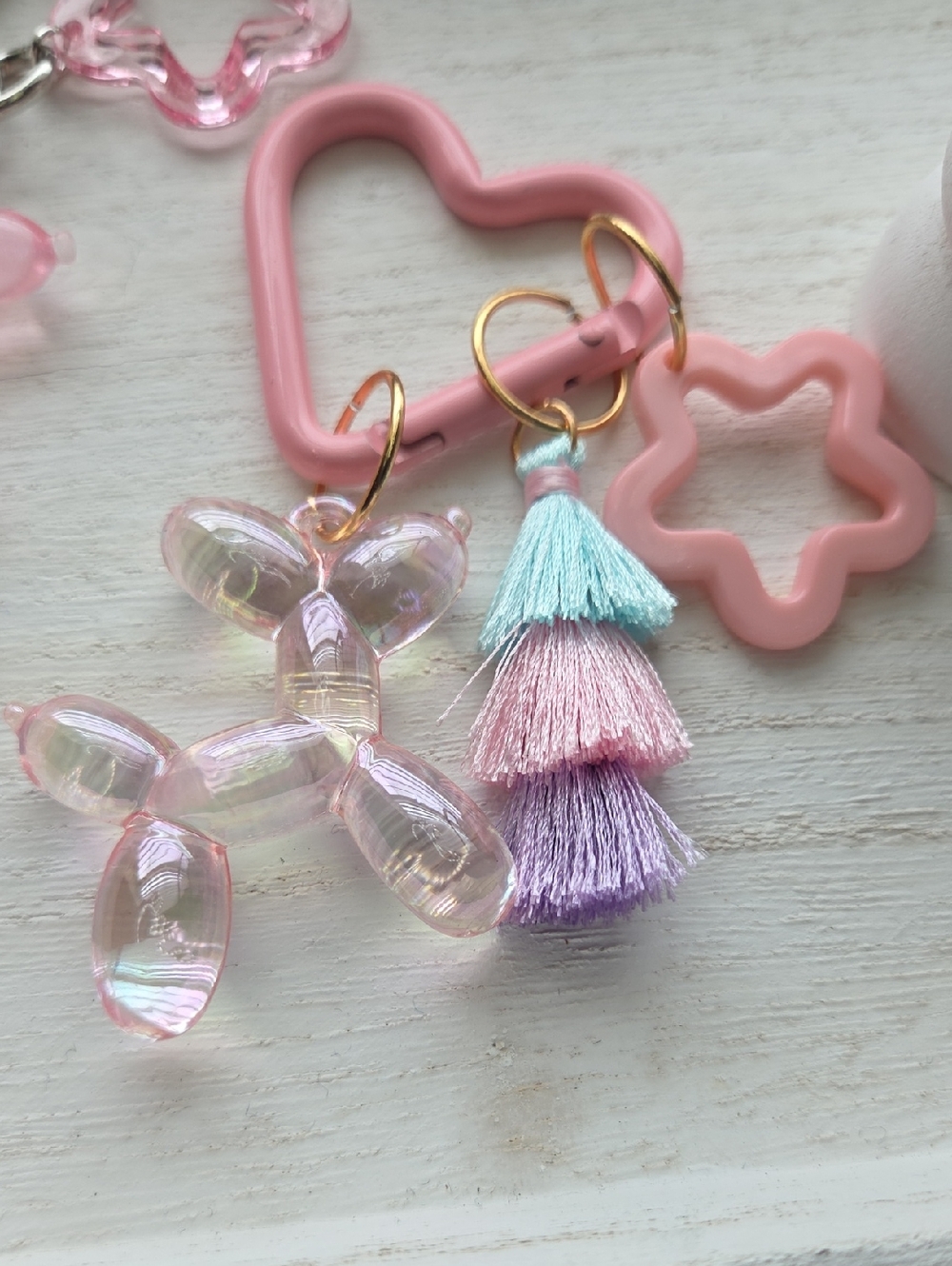 Kids Pink Heart Keychain with Pastel Tassel & Iridescent Balloon Dog Charm